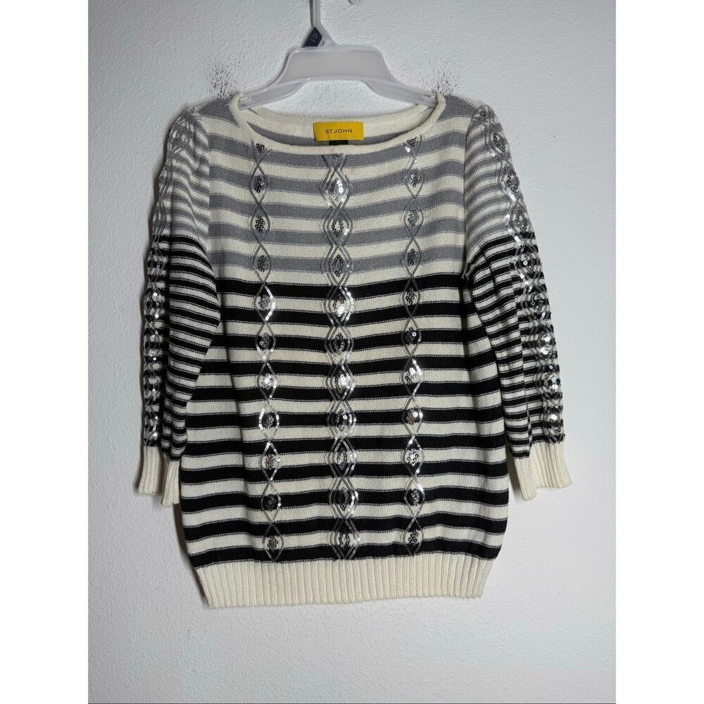 St. John SequinedβStriped Sweater Size S Black White Made in USA